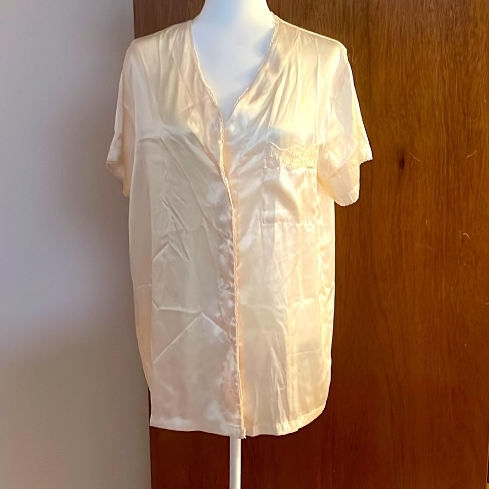Erika Taylor Intimates Pale Yellow Satin Sleep Shirt with Lace Pocket Detail